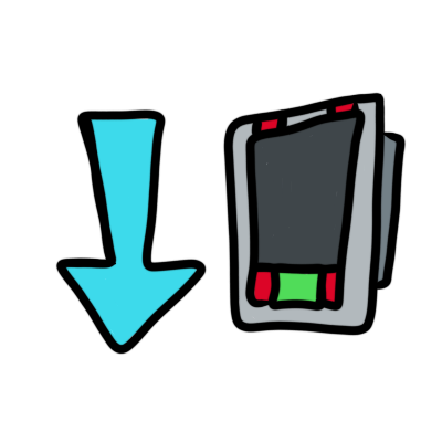 a blue downwards arrow next to a device with a screen and buttons.